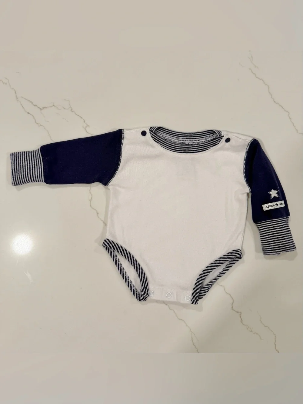 80s Gymboree Navy and White Long-Sleeve Baby Onsie